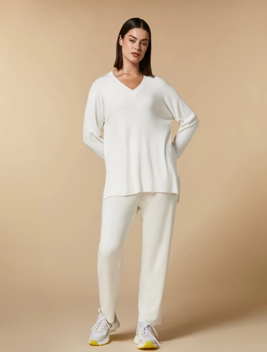 Marina Rinaldi Women's White Wide-Fit Knit Trousers Comfortable Stretch Pants