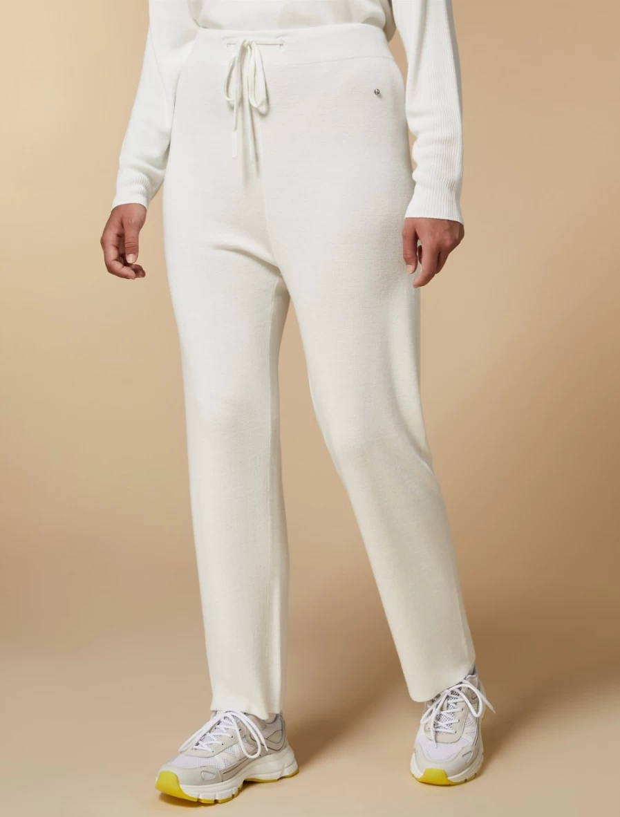 Marina Rinaldi Women's White Wide-Fit Knit Trousers Comfortable Stretch Pants