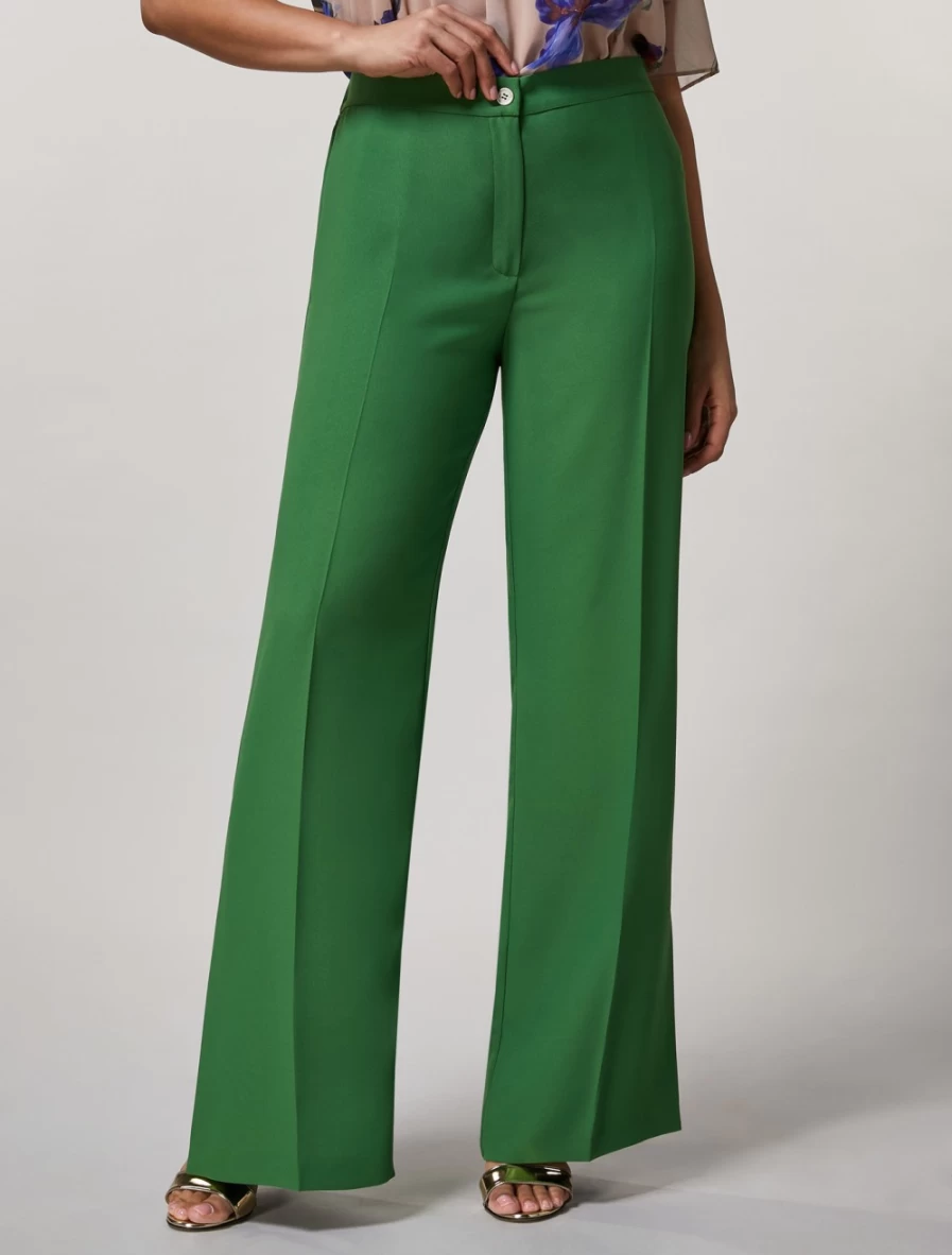 Marina Rinaldi Women's Green Crepe Envers Satin Trousers | Elegant High-Waisted Palazzo Pants