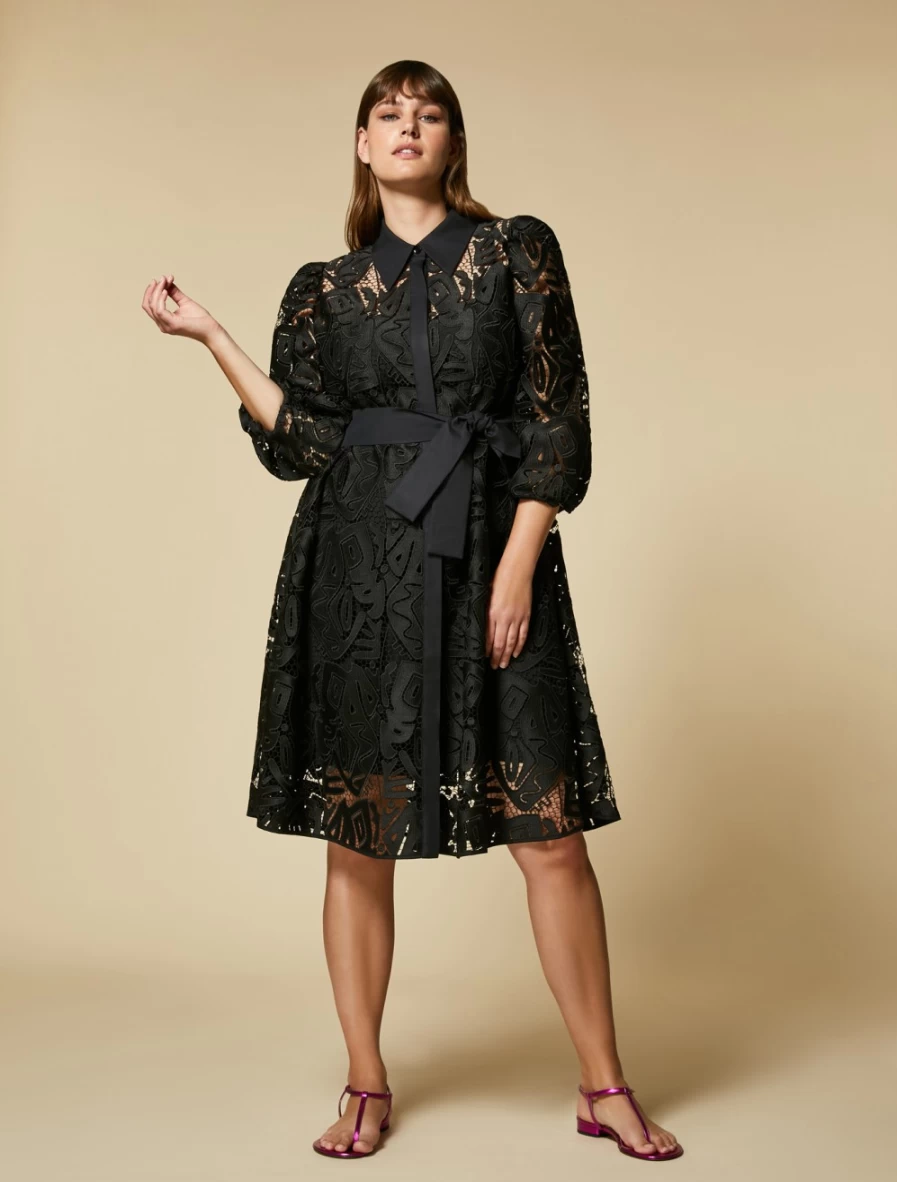 Marina Rinaldi Women's Black Macramé Lace Shirt Dress Elegant Boho Style