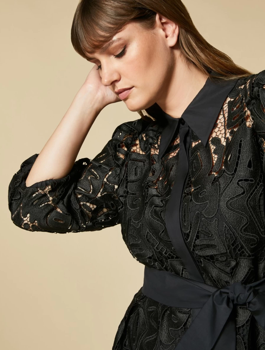Marina Rinaldi Women's Black Macramé Lace Shirt Dress Elegant Boho Style