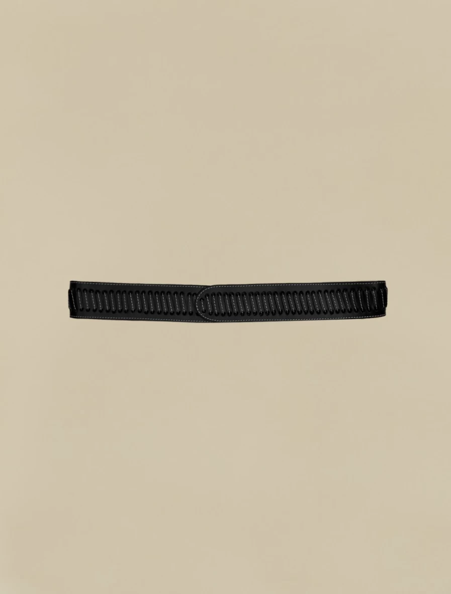 Marina Rinaldi Women's Black Leather Belt with Woven Detail