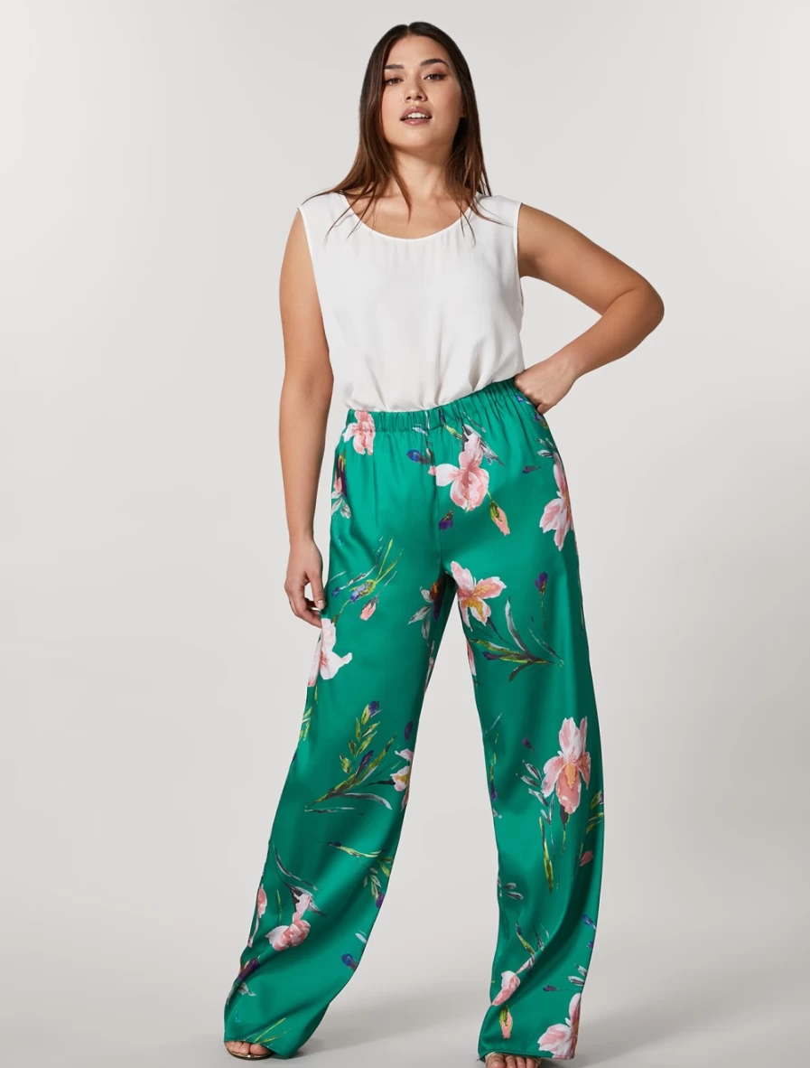 Marina Rinaldi Women's Dark Green Printed Twill Trousers