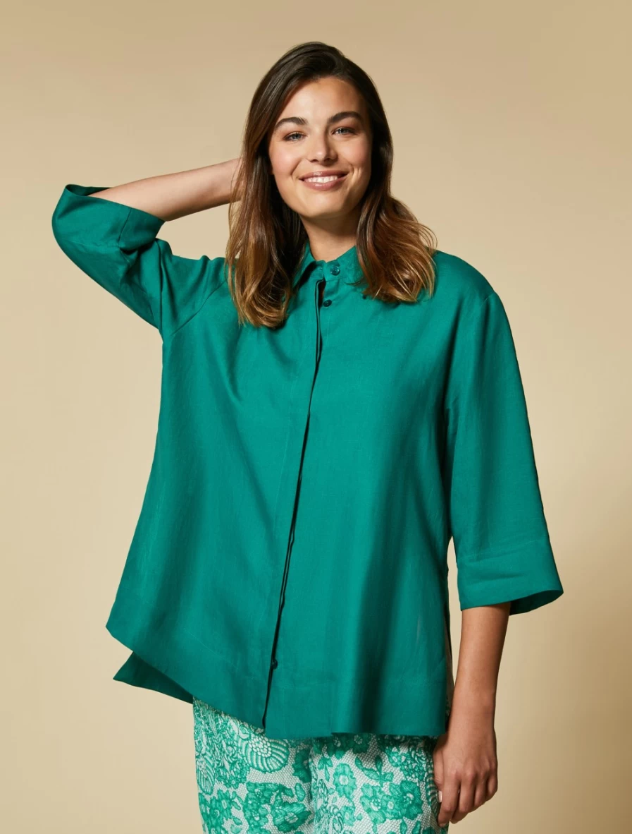 "Marina Rinaldi Women's Dark Green Lightweight Linen Shirt – Breathable & Comfortable"