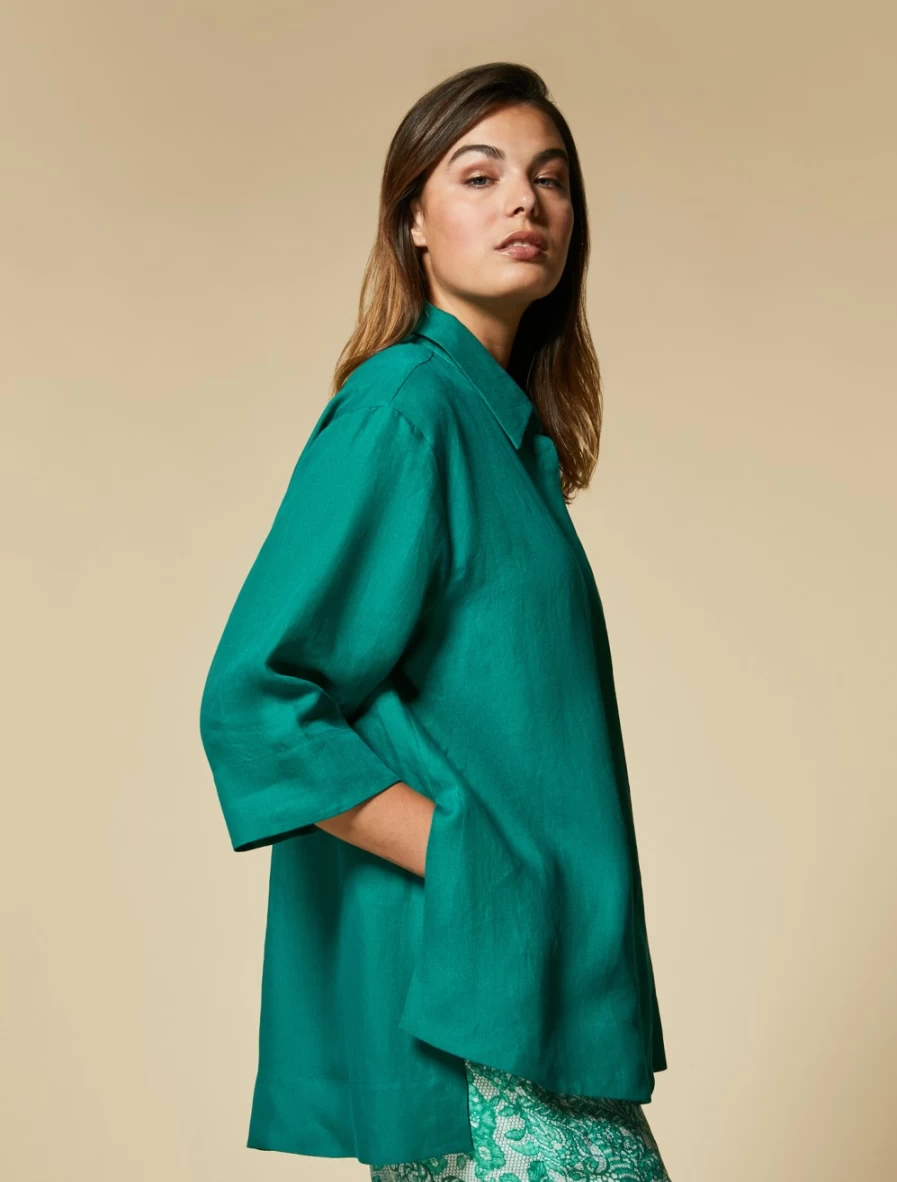 "Marina Rinaldi Women's Dark Green Lightweight Linen Shirt – Breathable & Comfortable"