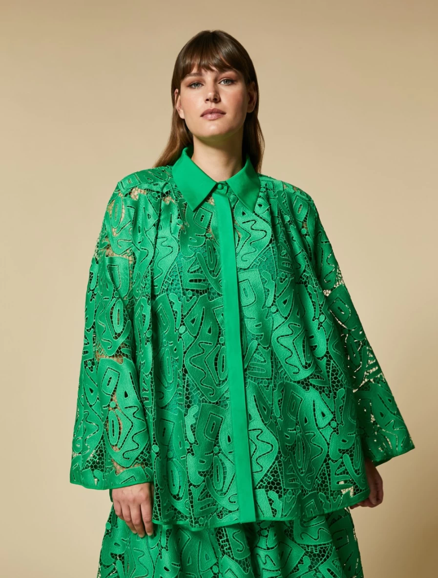 Marina Rinaldi Women's Green Macramé Lace Shirt – Elegant Boho Blouse