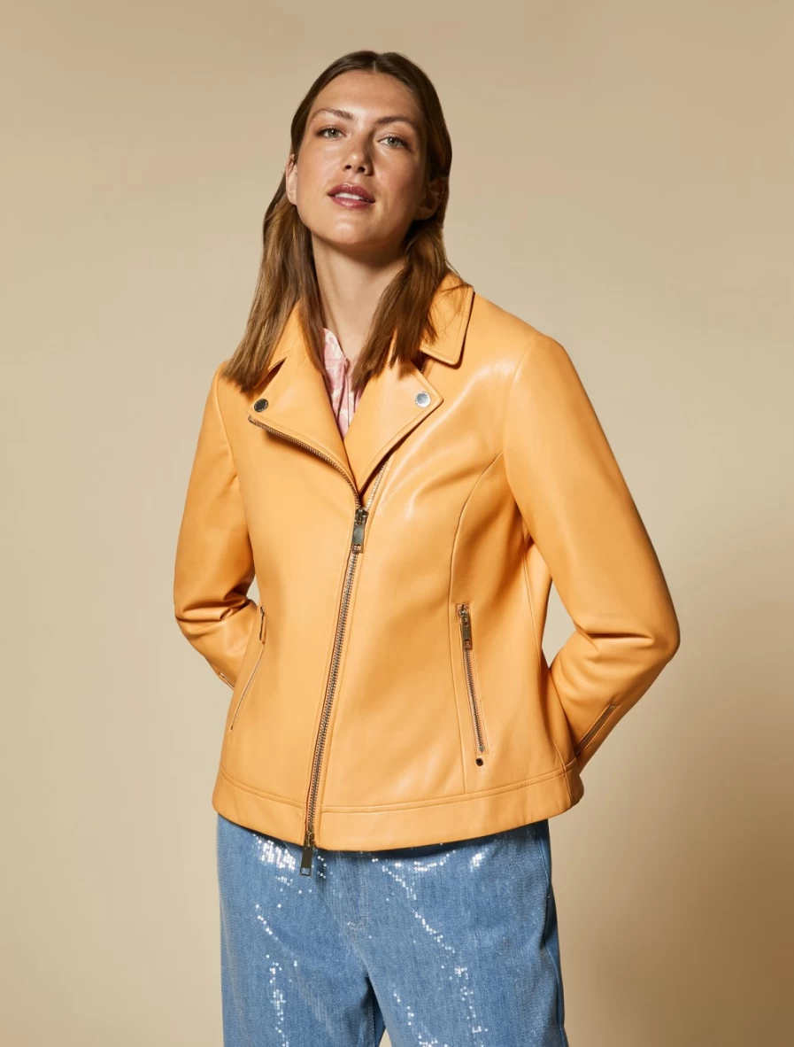 Marina Rinaldi Women's Orange Coated Fabric Biker-Style Jacket
