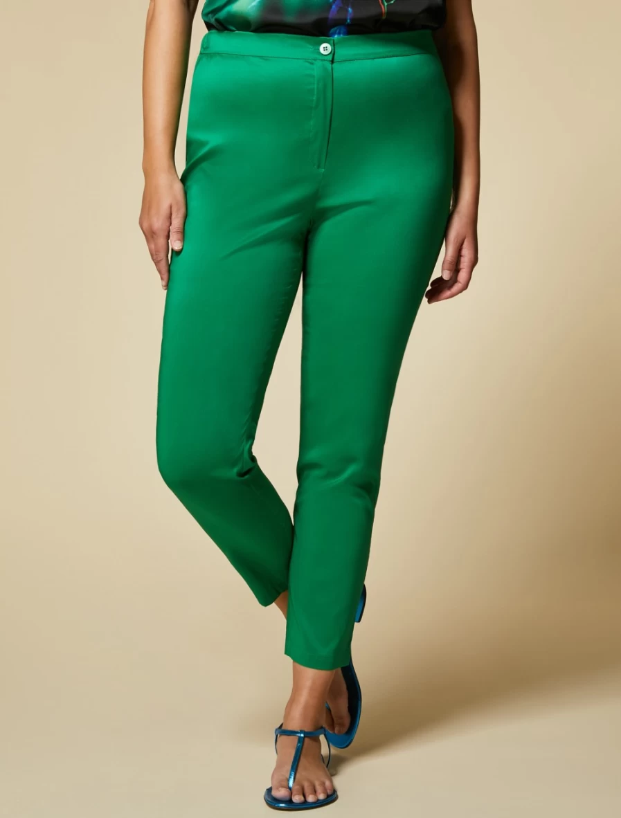 "Marina Rinaldi Women's Green Cotton Poplin Trousers | Classic Comfort & Style"