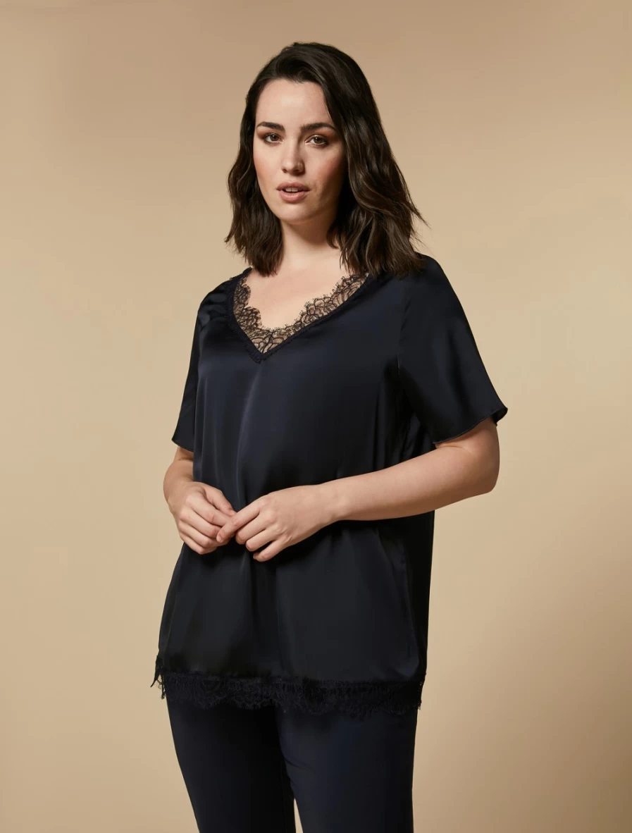 "Marina Rinaldi Women's Dark Navy Lace Detail Blouse"