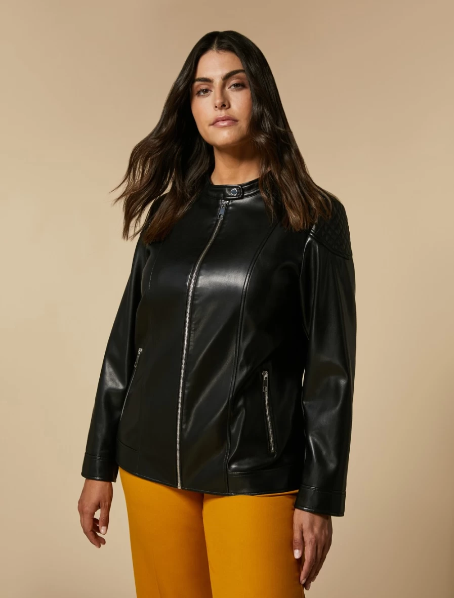 Marina Rinaldi Women's Black Coated Fabric Biker Jacket