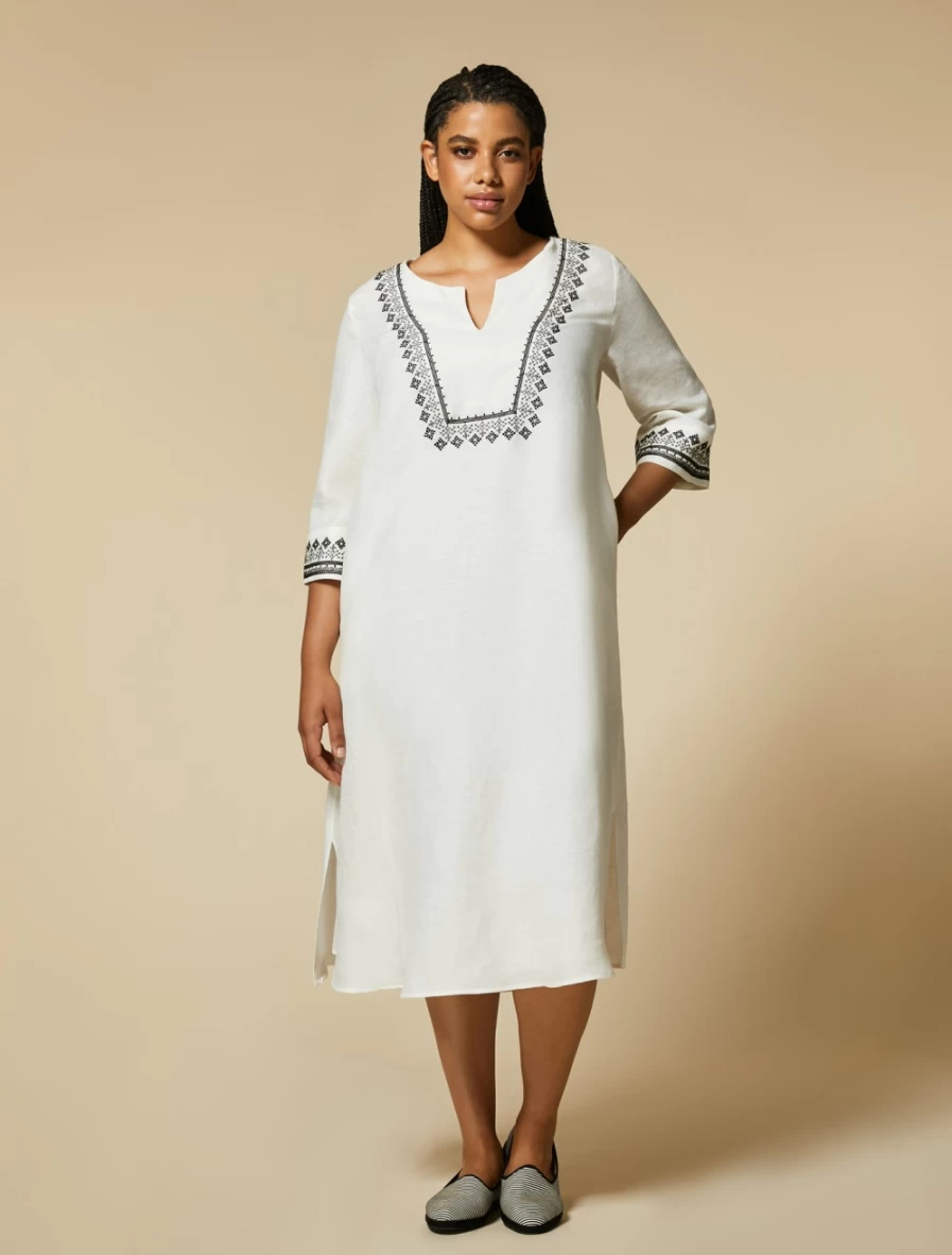 Marina Rinaldi Women's White Embroidered Linen Kaftan Dress - Elegant Boho Chic Summer Wear