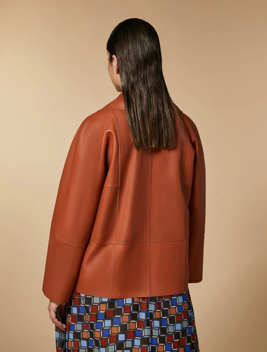 "Marina Rinaldi Women's Rust Nappa Leather Jacket – Premium Soft Lambskin Coat"
