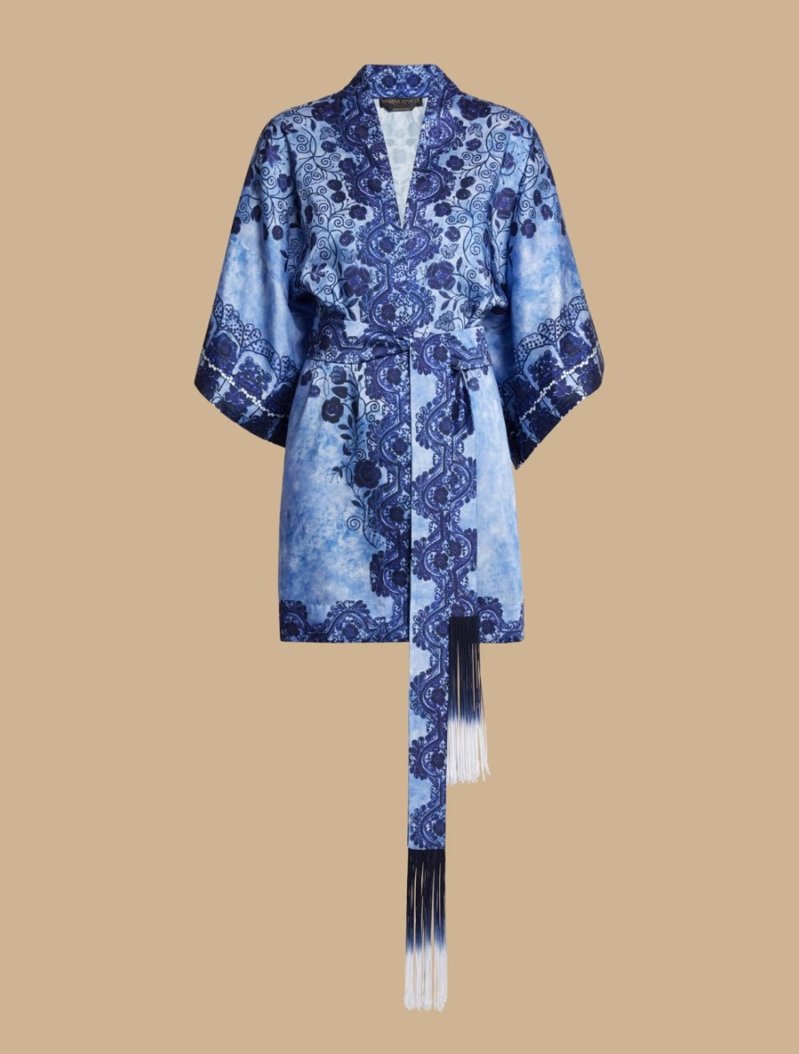 Marina Rinaldi Women's China Blue Printed Twill Kimono-Style Tunic Top