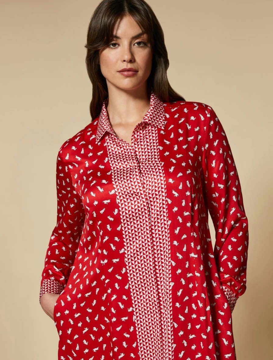 "Marina Rinaldi Women's Red Satin Long Printed Dress"