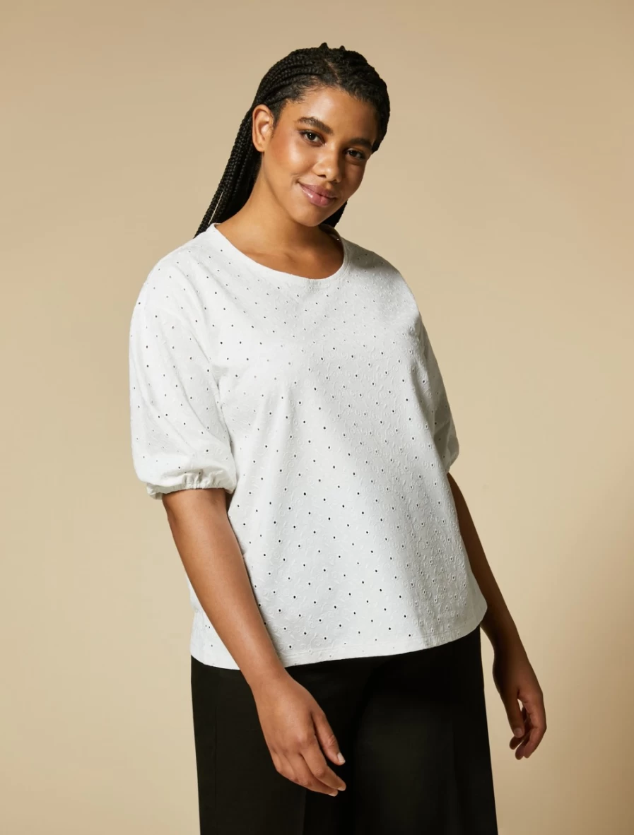 Marina Rinaldi Women's White Embroidered Jersey T-Shirt - Premium Cotton Fashion Top