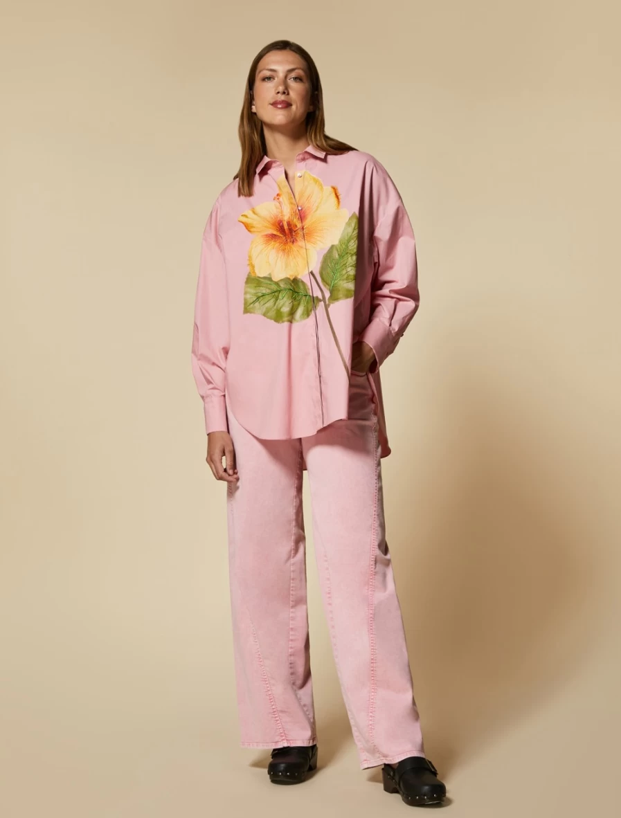Marina Rinaldi Women's Pink Wide-Leg Trousers in Marble-Effect Bull Denim