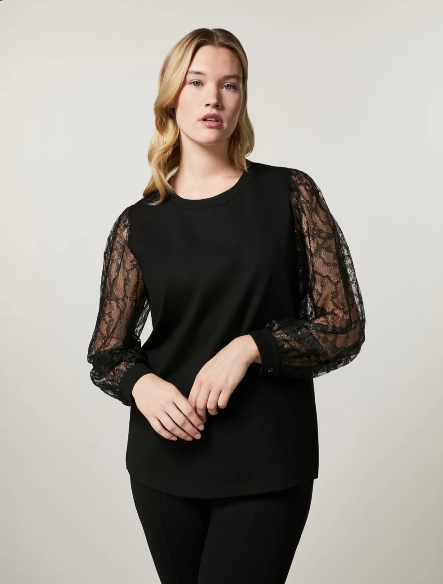 Marina Rinaldi Women's Black Milano-Knit Lace Detail Sweatshirt