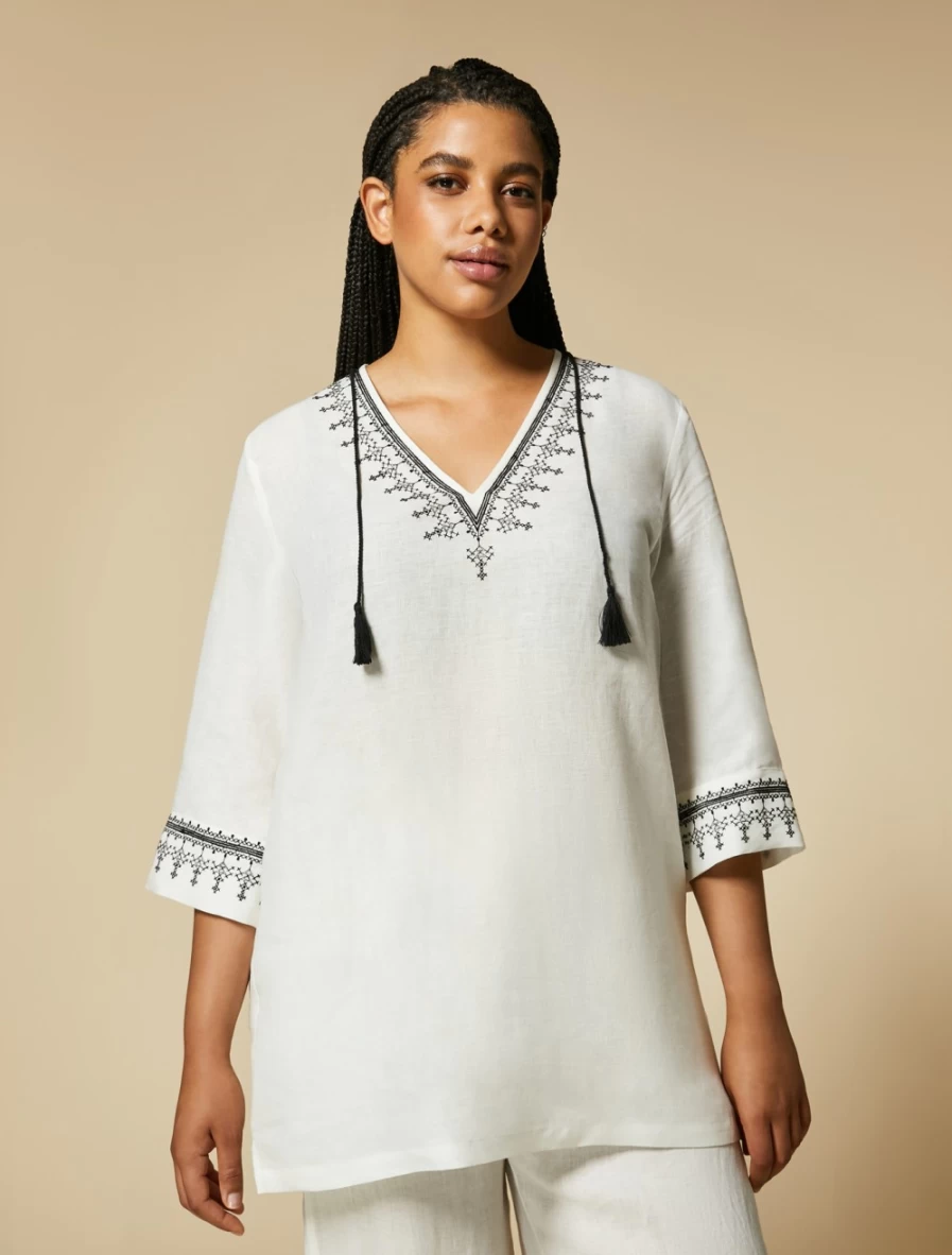Marina Rinaldi Women's White Embroidered Linen Tunic Top