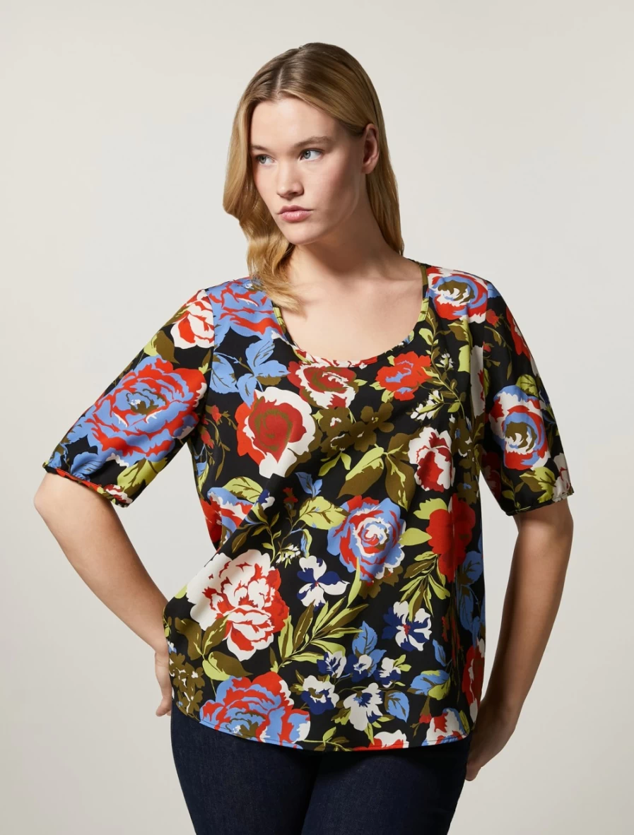 Marina Rinaldi Women's Black Printed Crepe De Chine Top