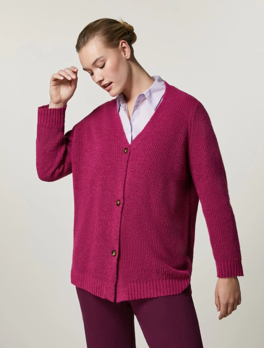 "Marina Rinaldi Women's Fuchsia Wool-Blend Cardigan | Soft Knit Sweater"