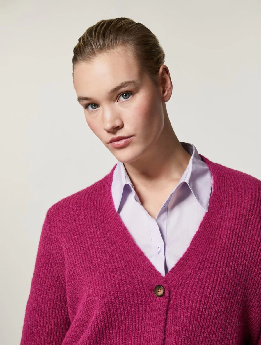 "Marina Rinaldi Women's Fuchsia Wool-Blend Cardigan | Soft Knit Sweater"