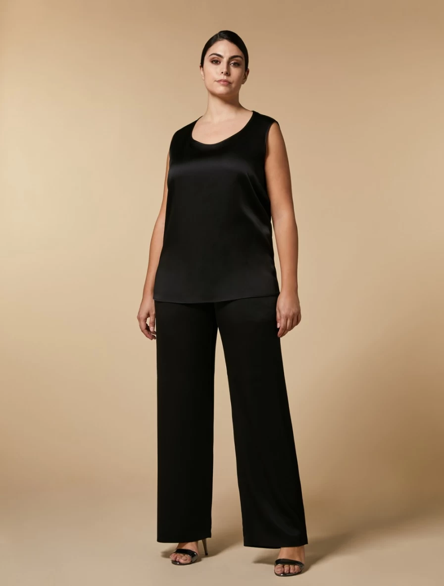 Marina Rinaldi Women's Black Shiny Fabric Trousers - Elegant High-Waist Dress Pants