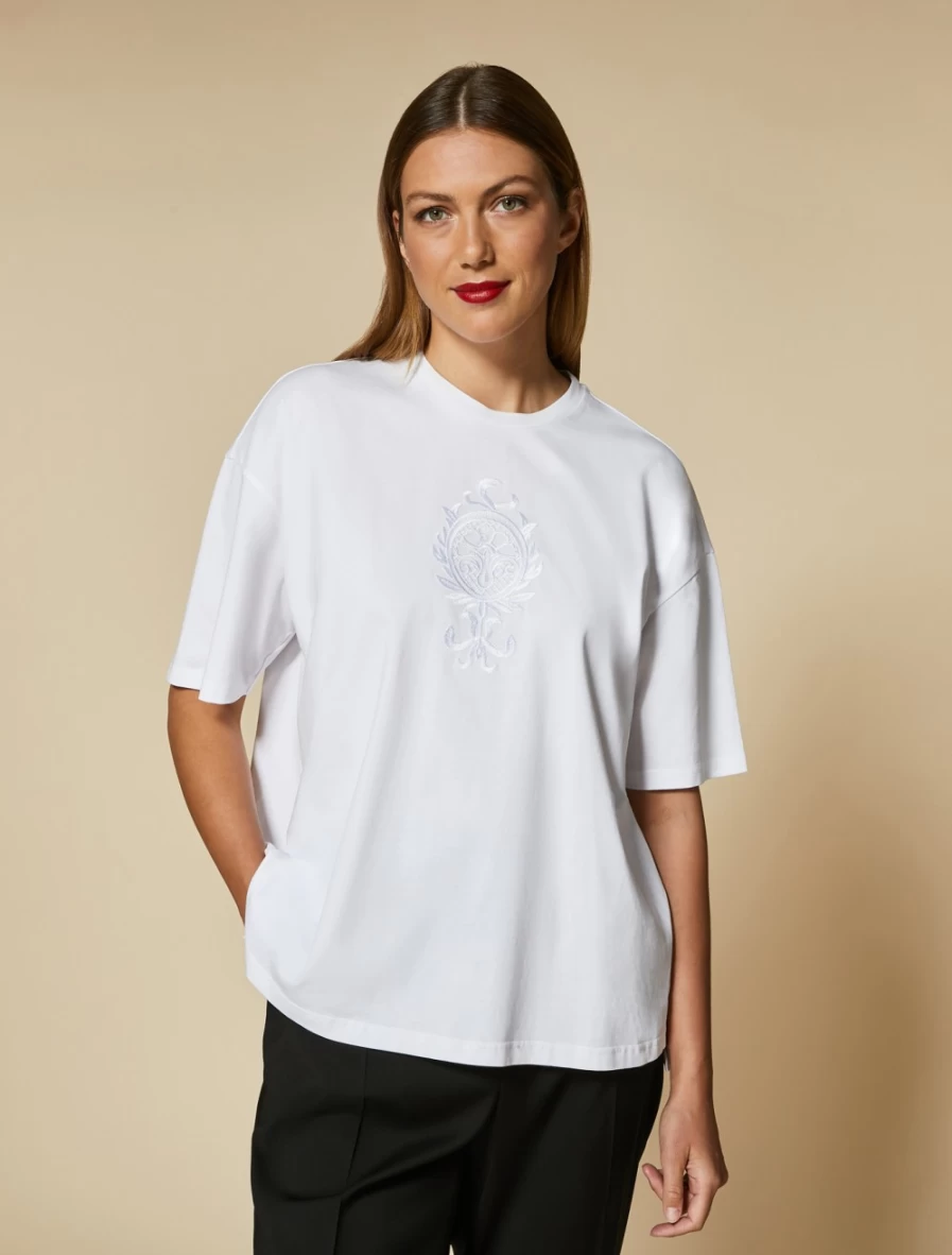 Marina Rinaldi Women's White Embroidered Jersey T-Shirt | Soft Cotton Casual Top