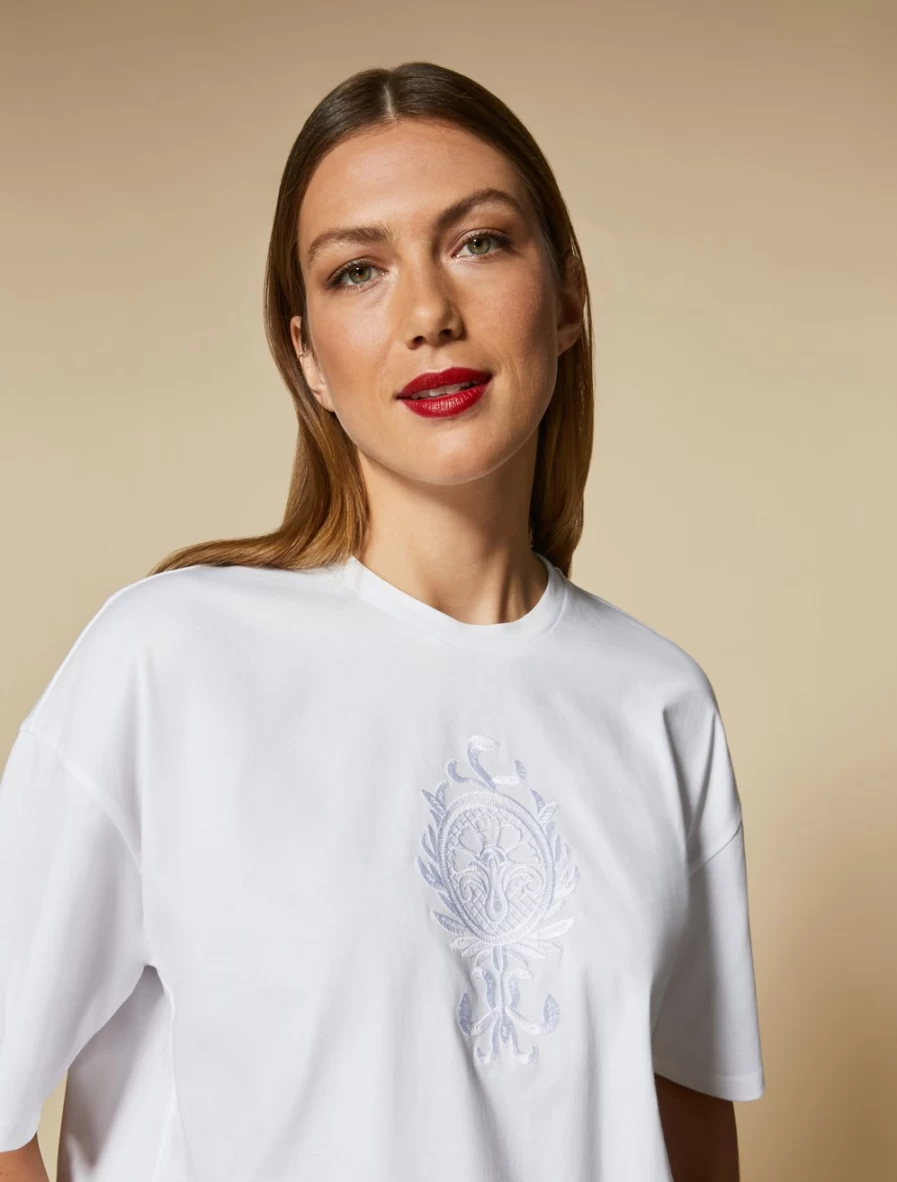 Marina Rinaldi Women's White Embroidered Jersey T-Shirt | Soft Cotton Casual Top