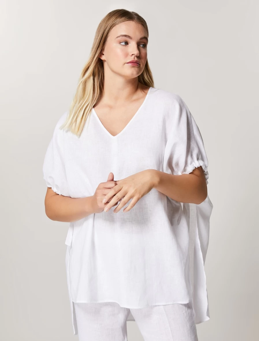 "Marina Rinaldi Women's White Linen Poncho – Elegant Boho Chic Cover-Up"