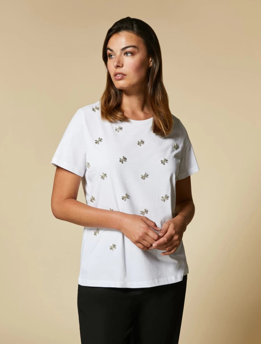 Marina Rinaldi Women's White Embroidered Jersey T-Shirt | Premium Cotton Top