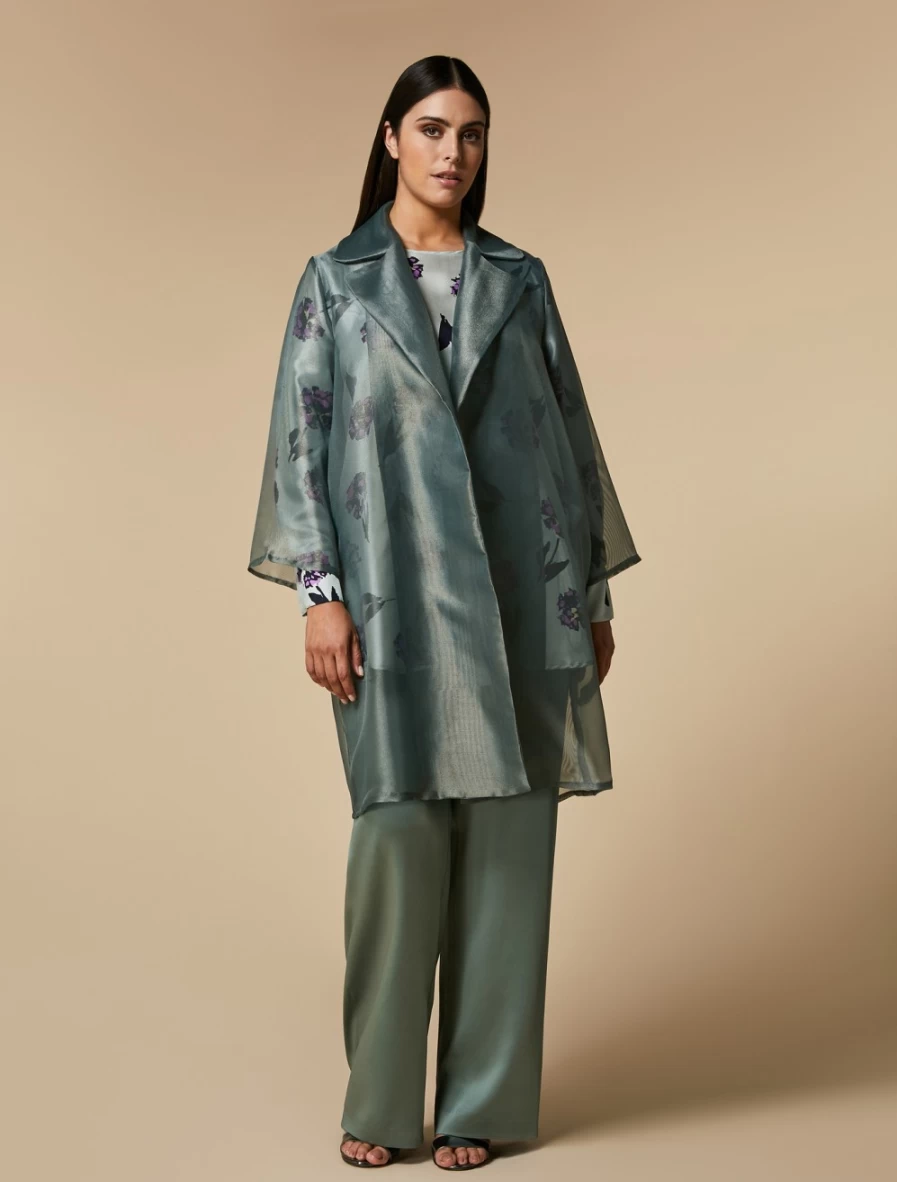 Marina Rinaldi Women's Green Lurex Organza Duster Coat | Elegant Shimmering Overcoat