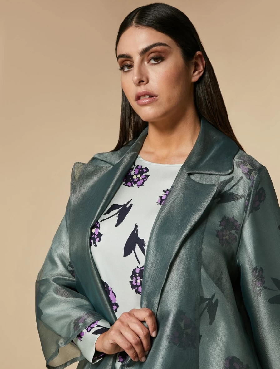 Marina Rinaldi Women's Green Lurex Organza Duster Coat | Elegant Shimmering Overcoat