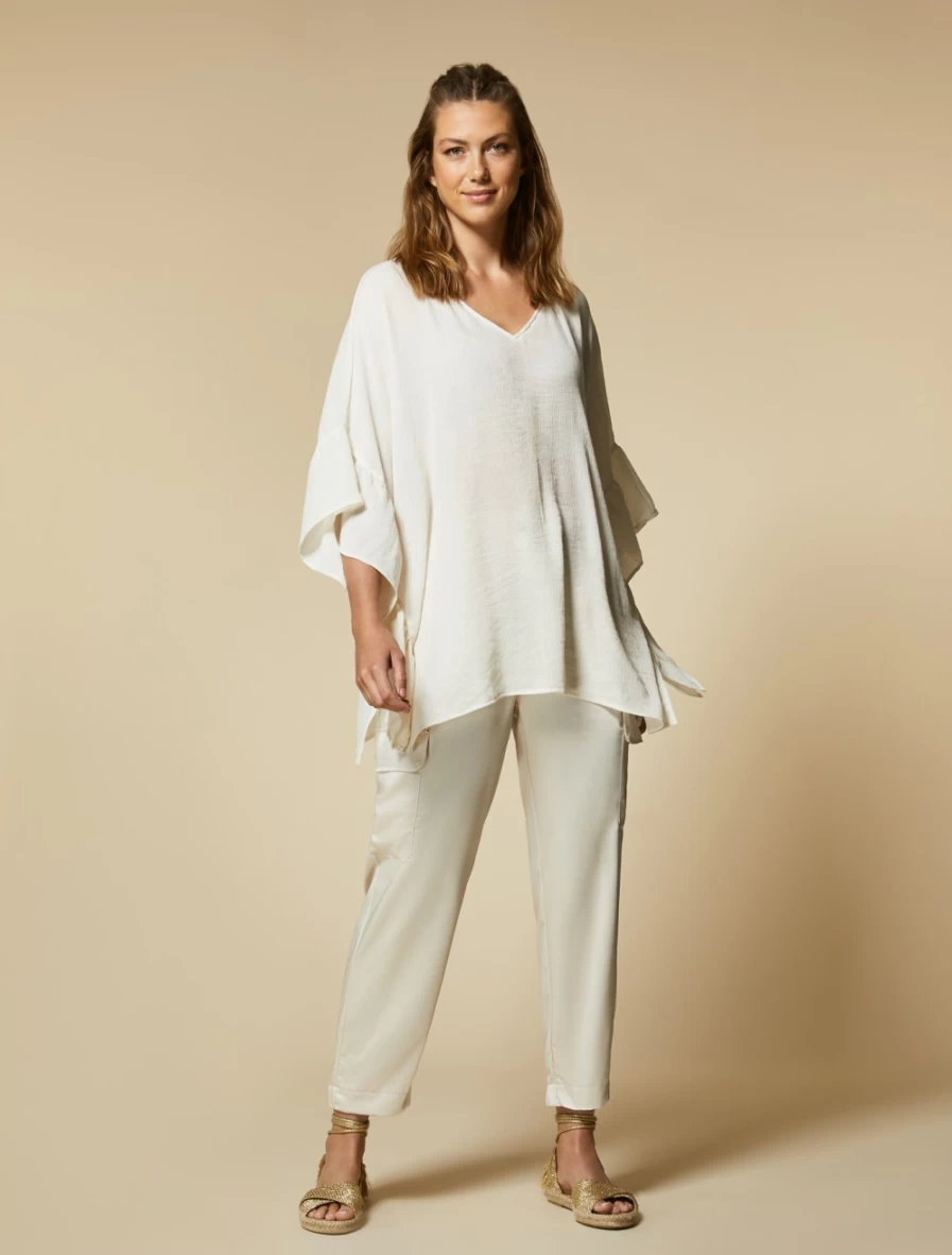 "Marina Rinaldi Women's Sand Satin-Blend Cargo Trousers | Comfort & Style"