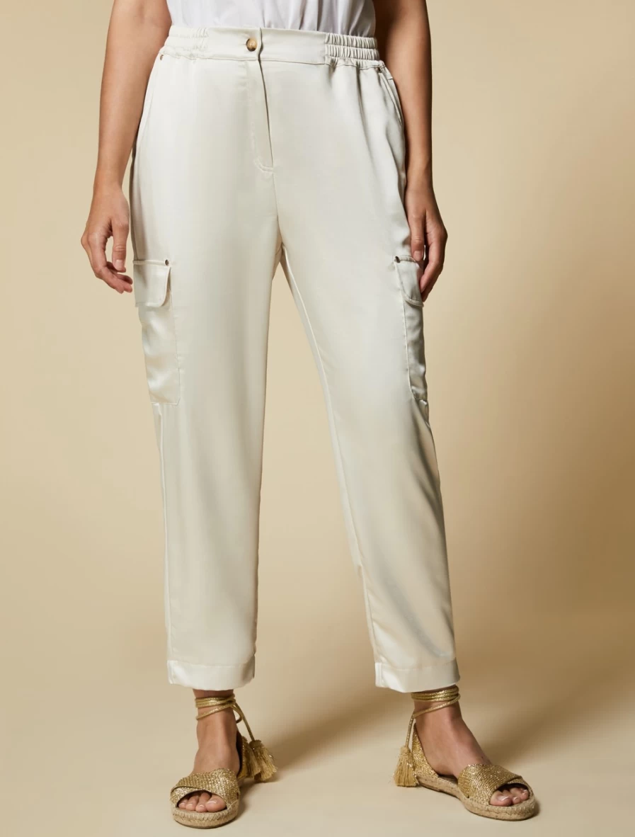 "Marina Rinaldi Women's Sand Satin-Blend Cargo Trousers | Comfort & Style"