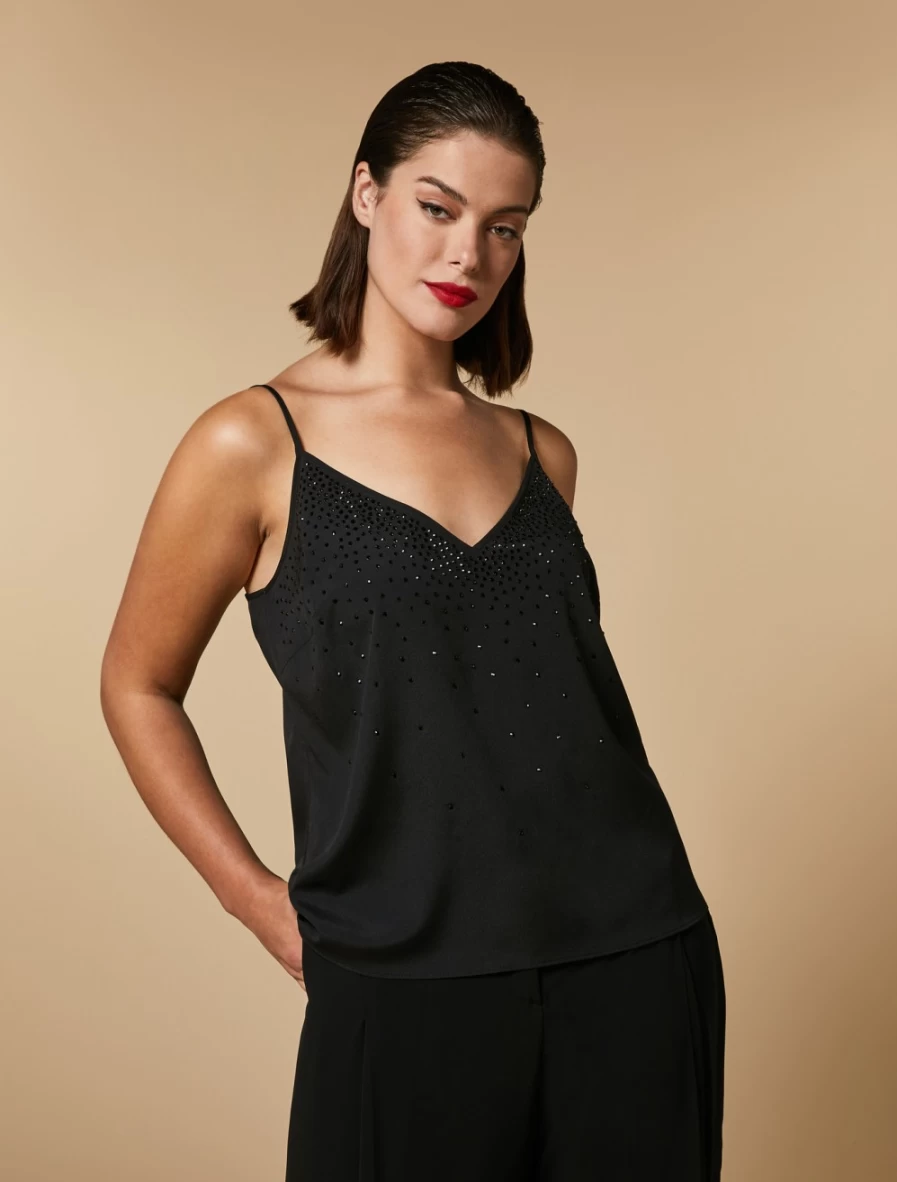 Marina Rinaldi Women's Black Rhinestone Embellished Crepe De Chine Blouse