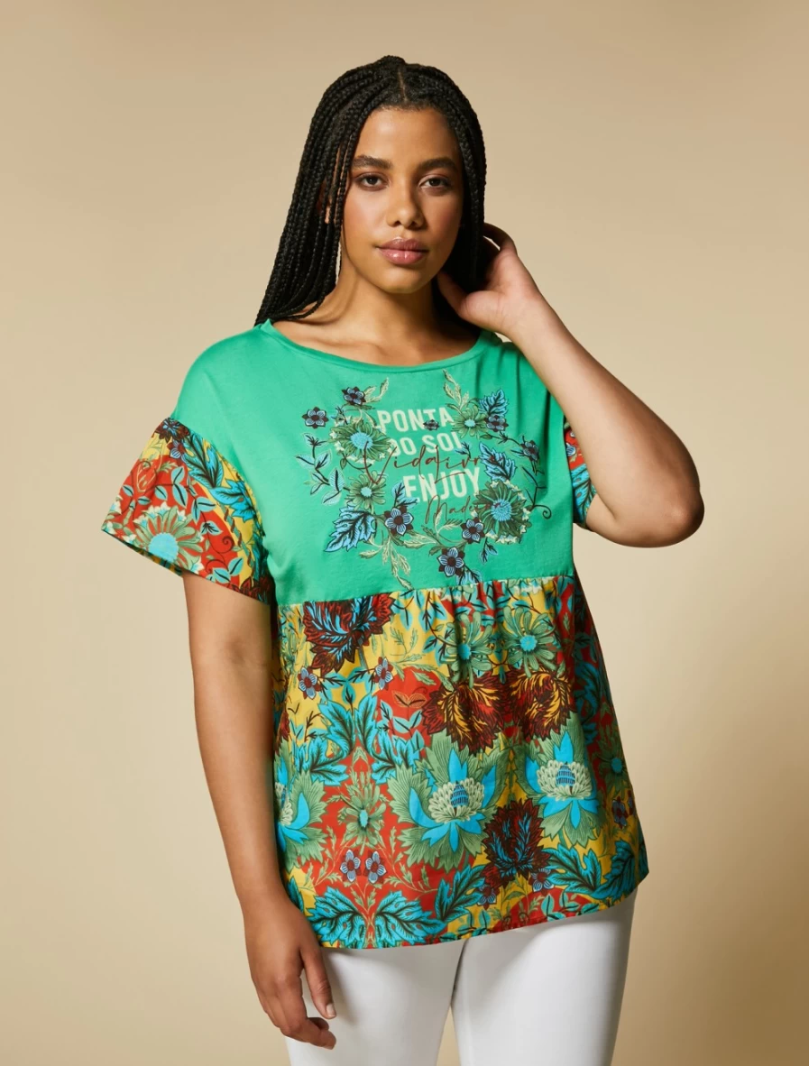 Marina Rinaldi Women's Green Poplin & Jersey Blend T-Shirt