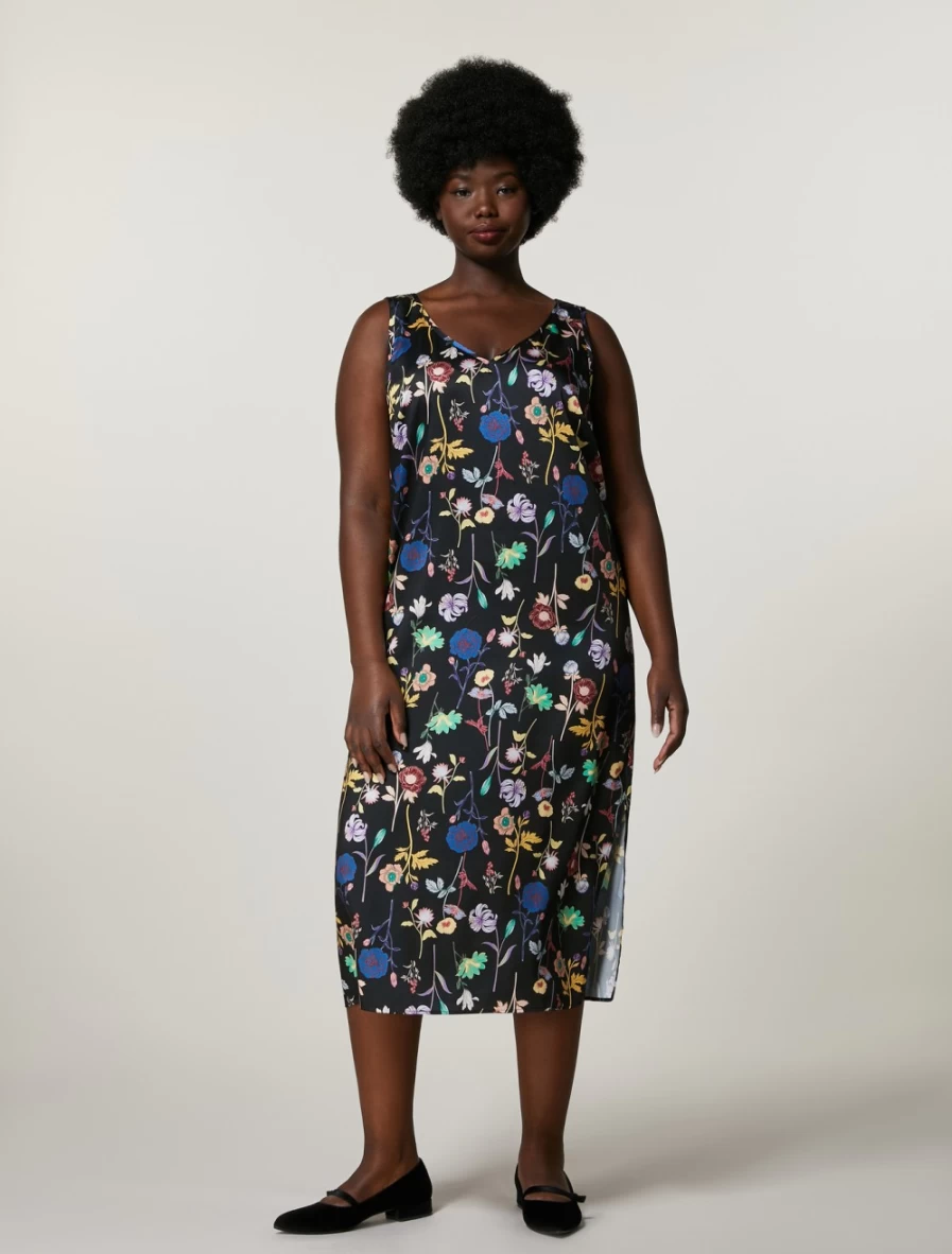 Marina Rinaldi Women's Black Printed Twill Dress - Elegant Floral Pattern A-Line Style