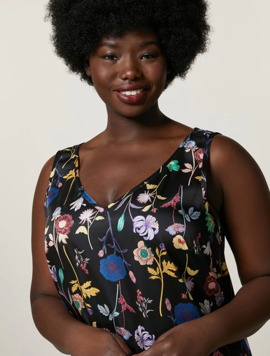 Marina Rinaldi Women's Black Printed Twill Dress - Elegant Floral Pattern A-Line Style