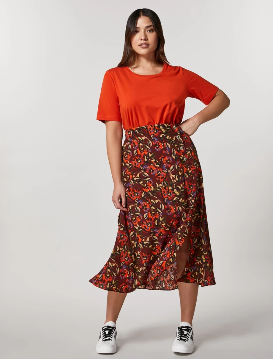 Marina Rinaldi Women's Bordeaux Long Printed Skirt - Elegant High-Waisted Flowy Maxi Skirt