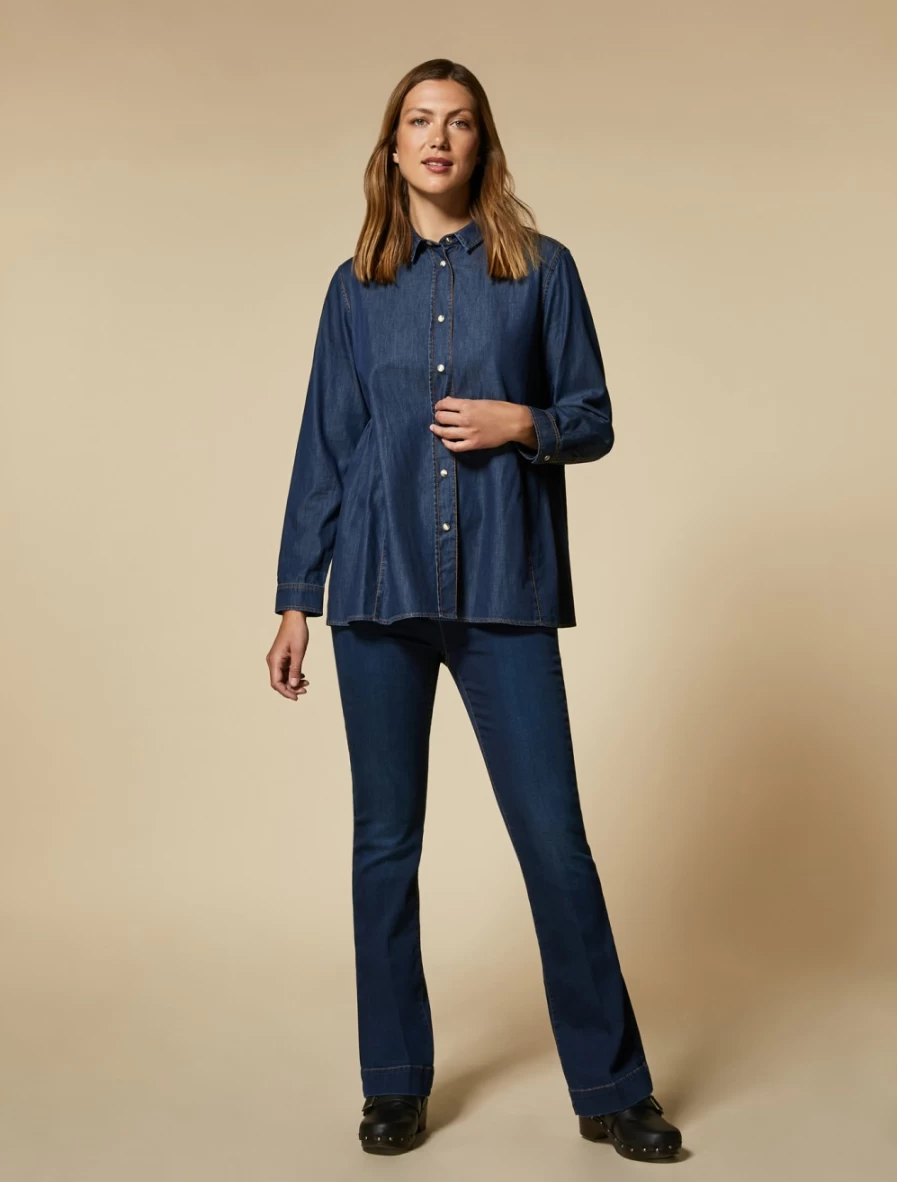 "Marina Rinaldi Women's Dark Navy Flared Satin Denim Jeans"