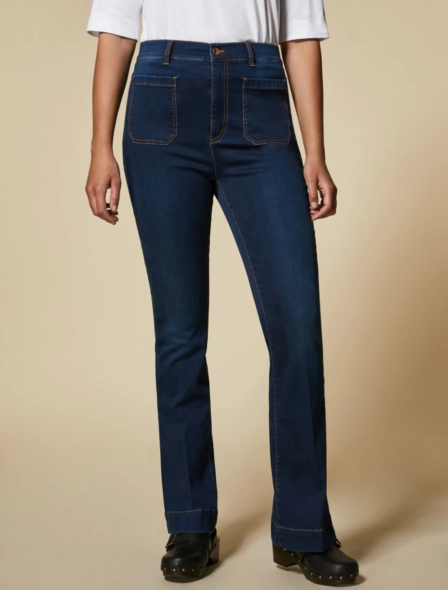 "Marina Rinaldi Women's Dark Navy Flared Satin Denim Jeans"