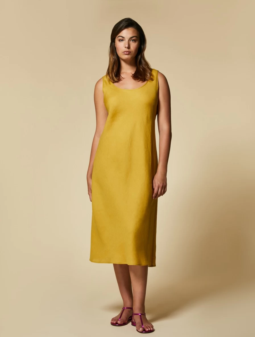 "Marina Rinaldi Women's Mustard Lightweight Linen Dress – Breathable Summer Outfit"