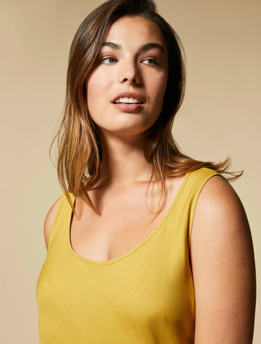 "Marina Rinaldi Women's Mustard Lightweight Linen Dress – Breathable Summer Outfit"