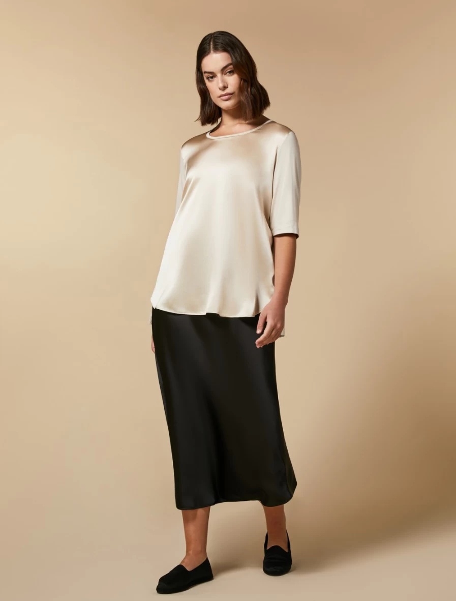 Marina Rinaldi Women's Black Satin Midi Skirt - Elegant Knee-Length Slip Skirt