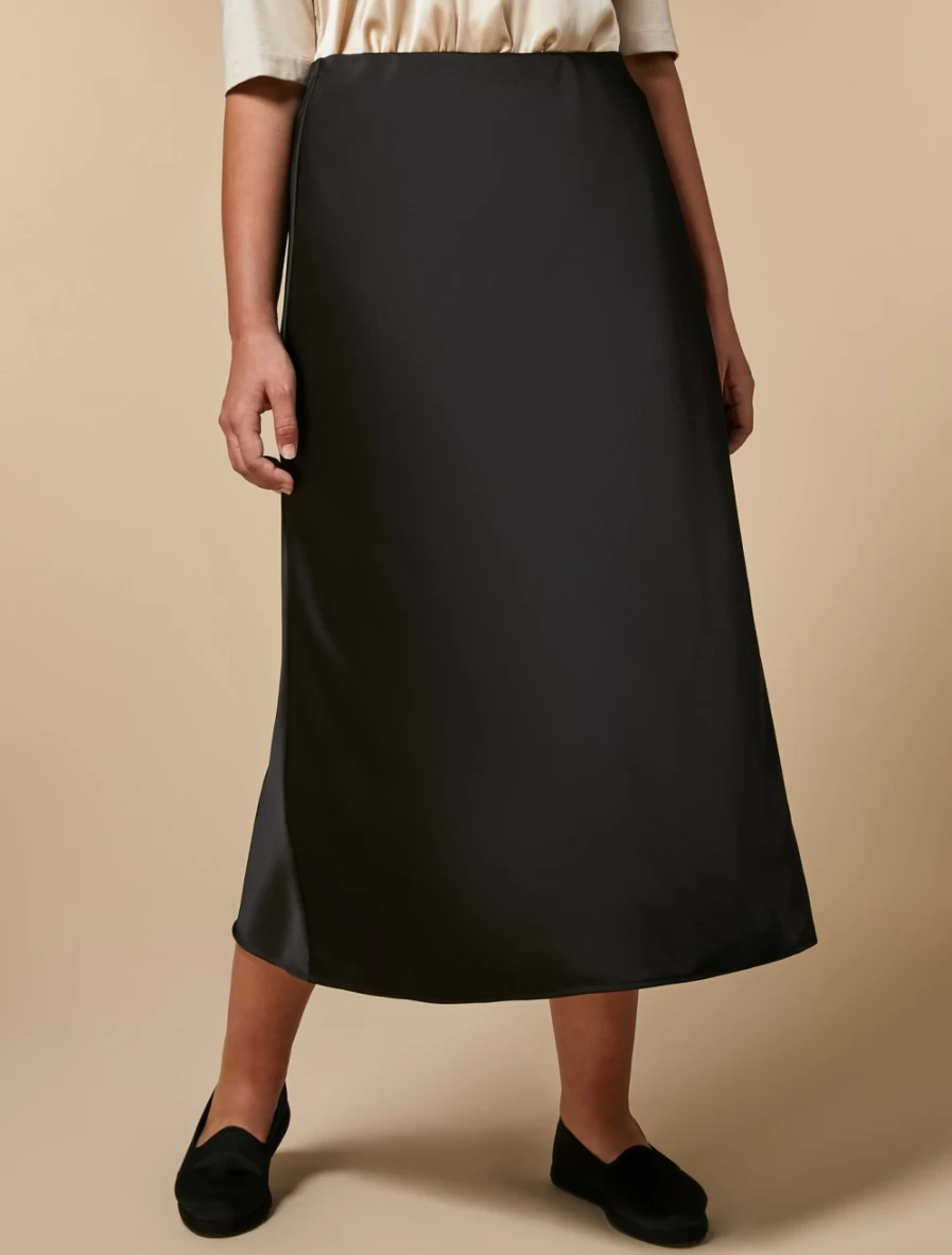 Marina Rinaldi Women's Black Satin Midi Skirt - Elegant Knee-Length Slip Skirt