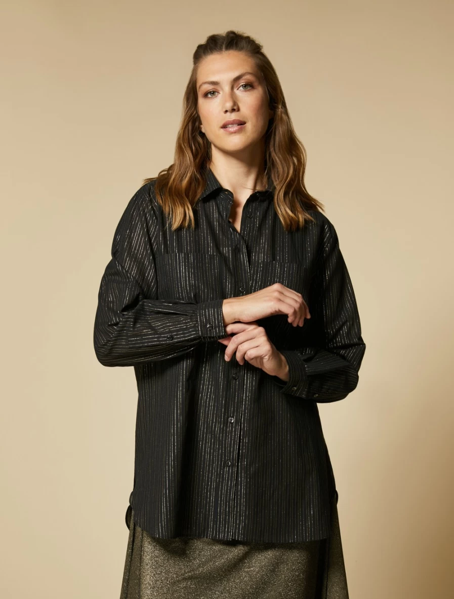 Marina Rinaldi Women's Black Striped Long Sleeve Muslin Shirt