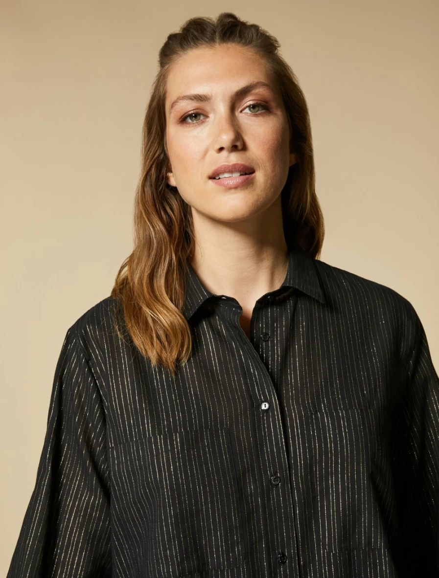Marina Rinaldi Women's Black Striped Long Sleeve Muslin Shirt