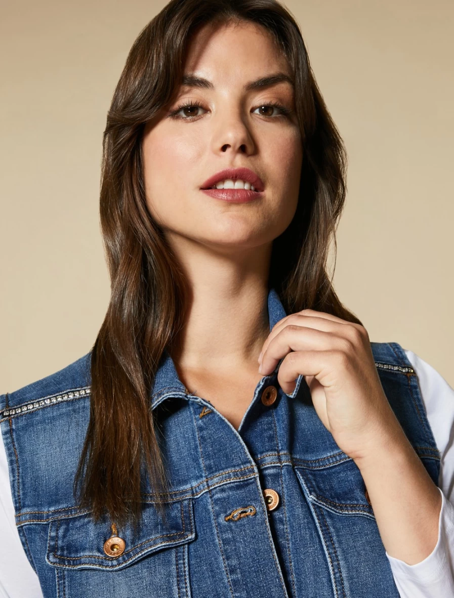 Marina Rinaldi Women's Ski Blue Long Stretch Denim Gilet Vest