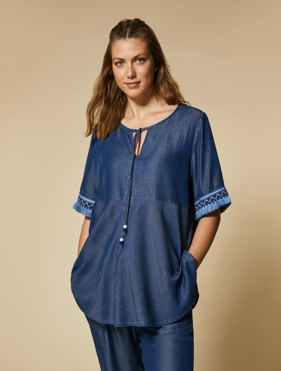"Marina Rinaldi Women's Dark Navy Embroidered Denim Blouse"