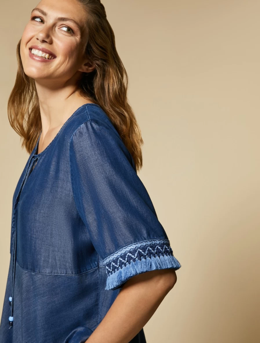 "Marina Rinaldi Women's Dark Navy Embroidered Denim Blouse"